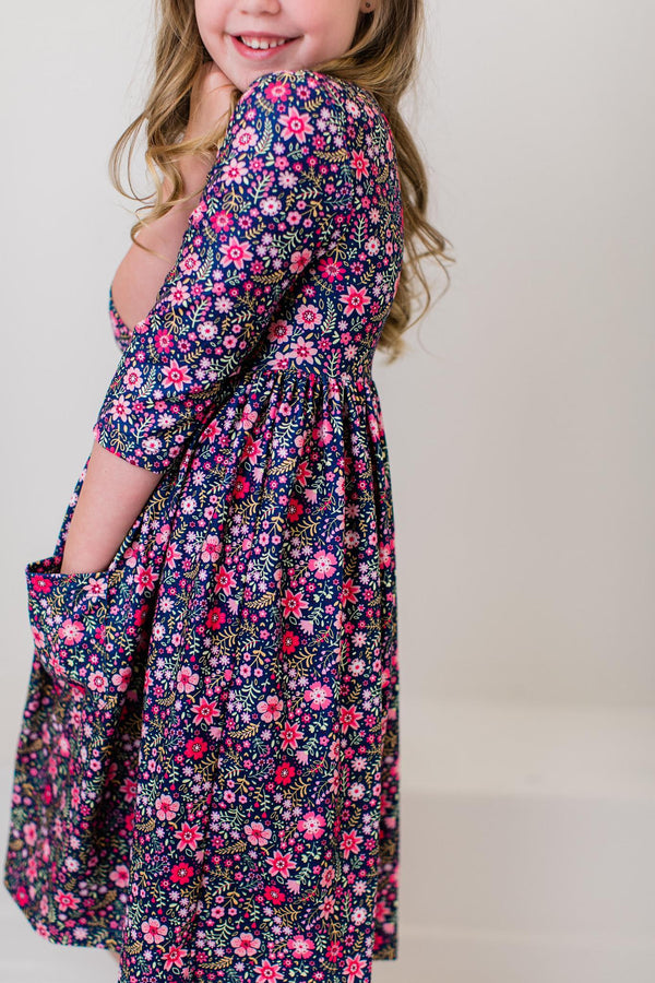 flower-farm-3-4-sleeve-pocket-twirl-dress Mila &  Rose - Sophia's Style-Flower Farm 3/4 Sleeve Pocket Twirl Dress-6-12M--1